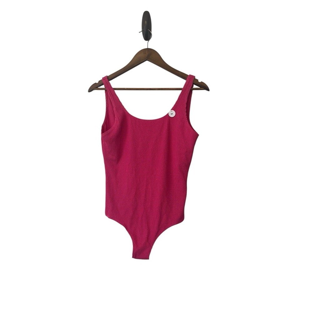 NWT Monki Swimsuit Ribbed Hot Pink High Cut Cheeky Beach Swim‎ Vacation Bright M